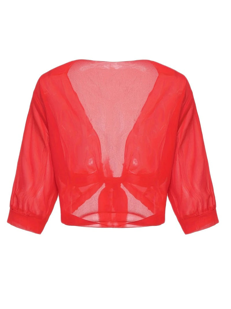 Transparent women's blouse with tie knot and 3/4 sleeves