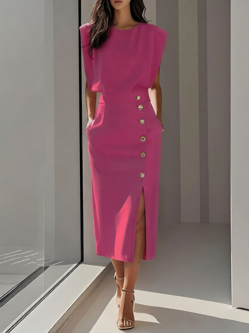 Elegantes Midi-Kleid mit Rundhalsausschnitt und Schlitz