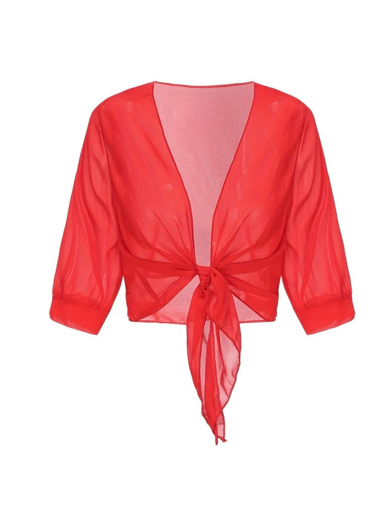 Transparent women's blouse with tie knot and 3/4 sleeves