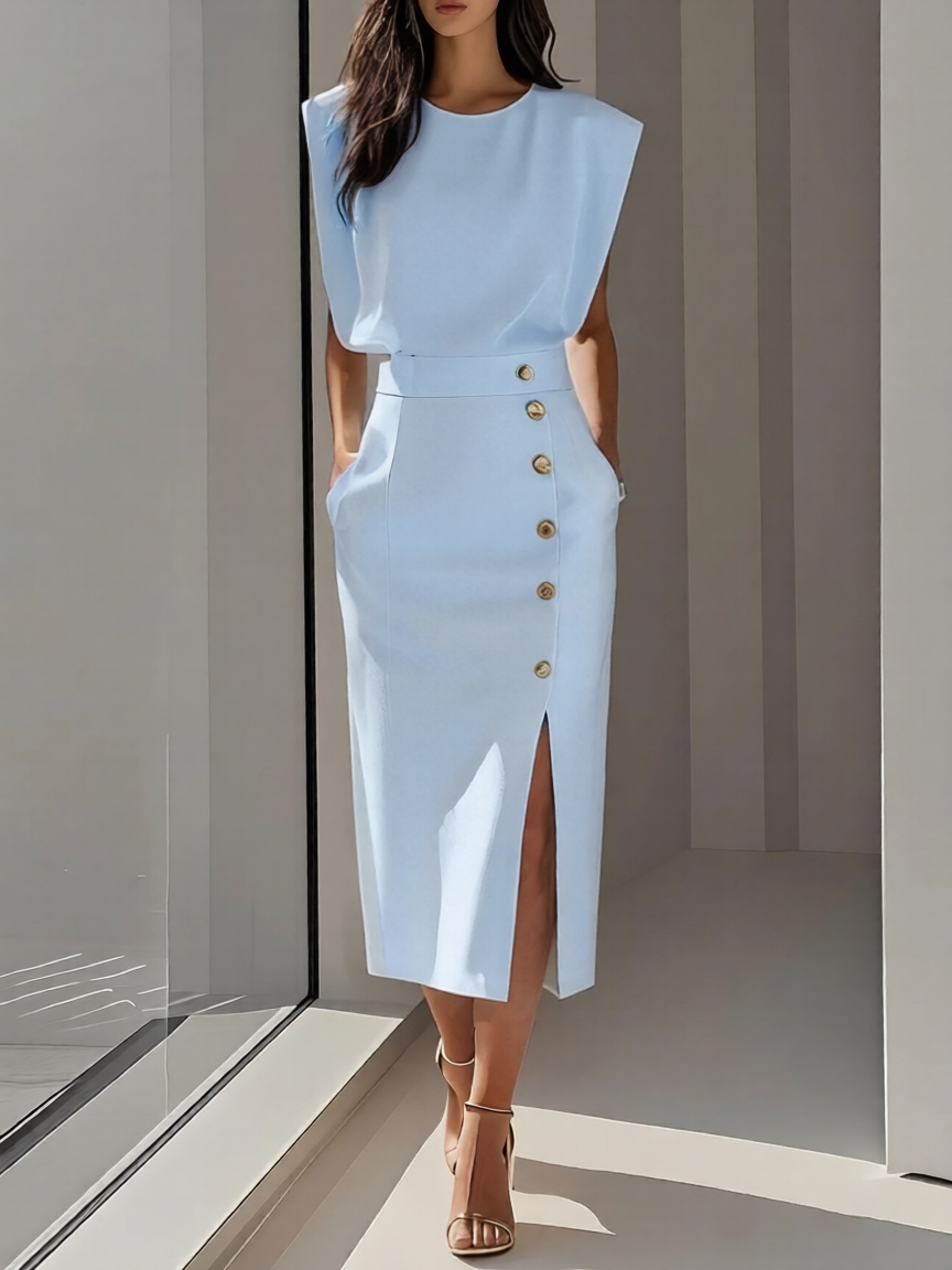 Elegantes Midi-Kleid mit Rundhalsausschnitt und Schlitz