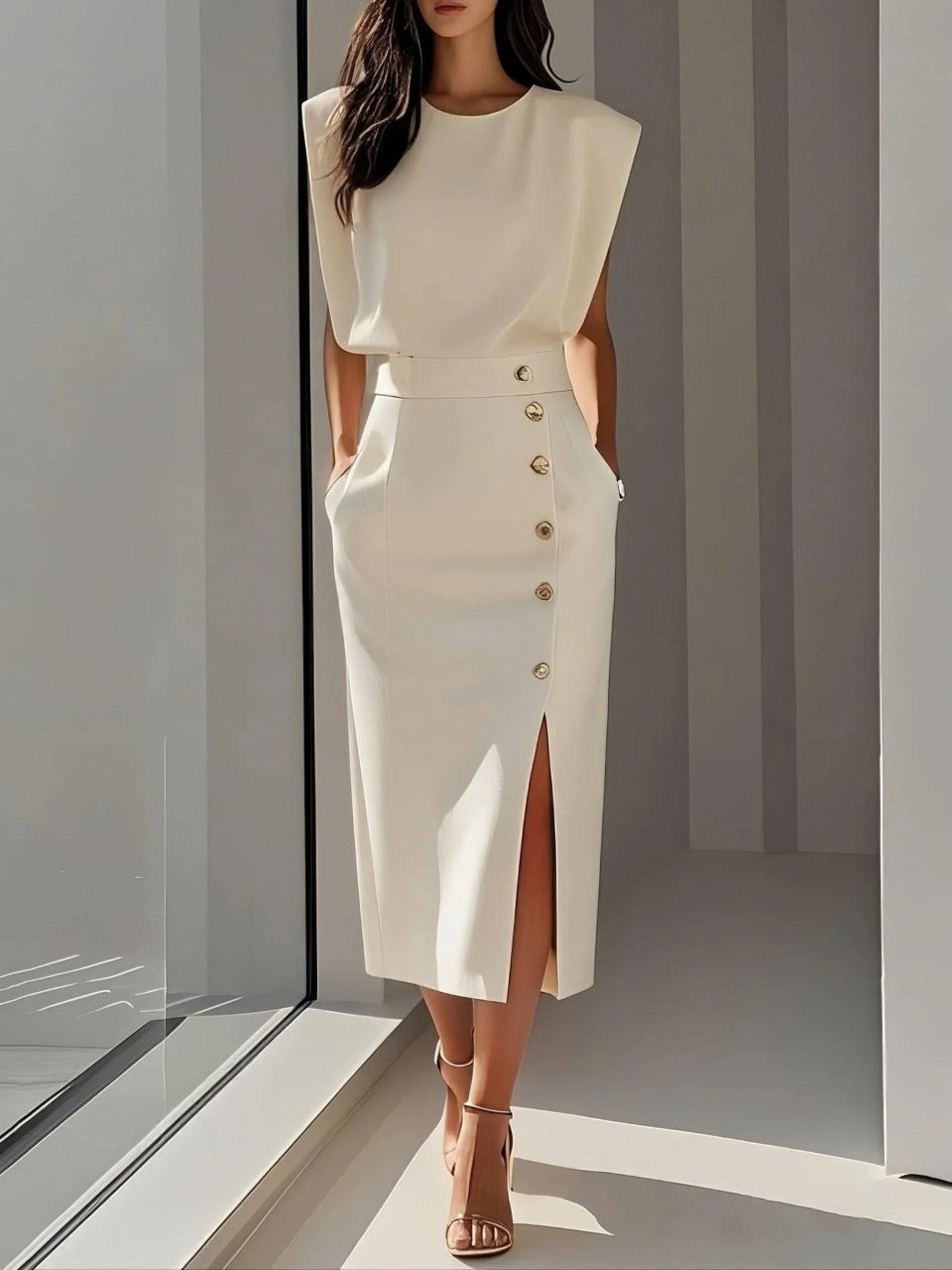 Elegantes Midi-Kleid mit Rundhalsausschnitt und Schlitz
