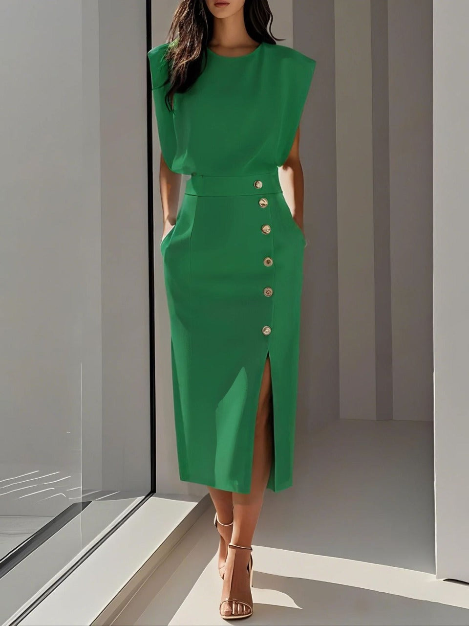 Elegantes Midi-Kleid mit Rundhalsausschnitt und Schlitz