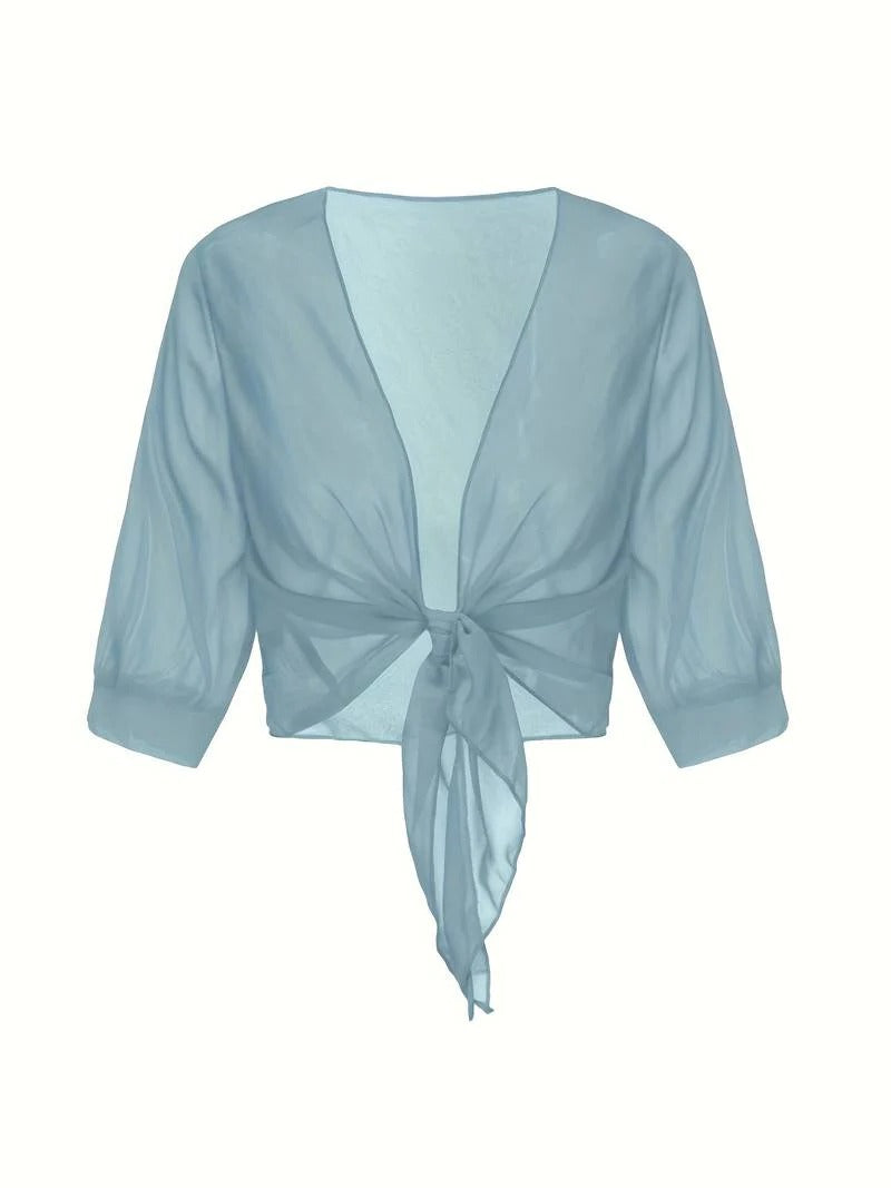 Transparent women's blouse with tie knot and 3/4 sleeves