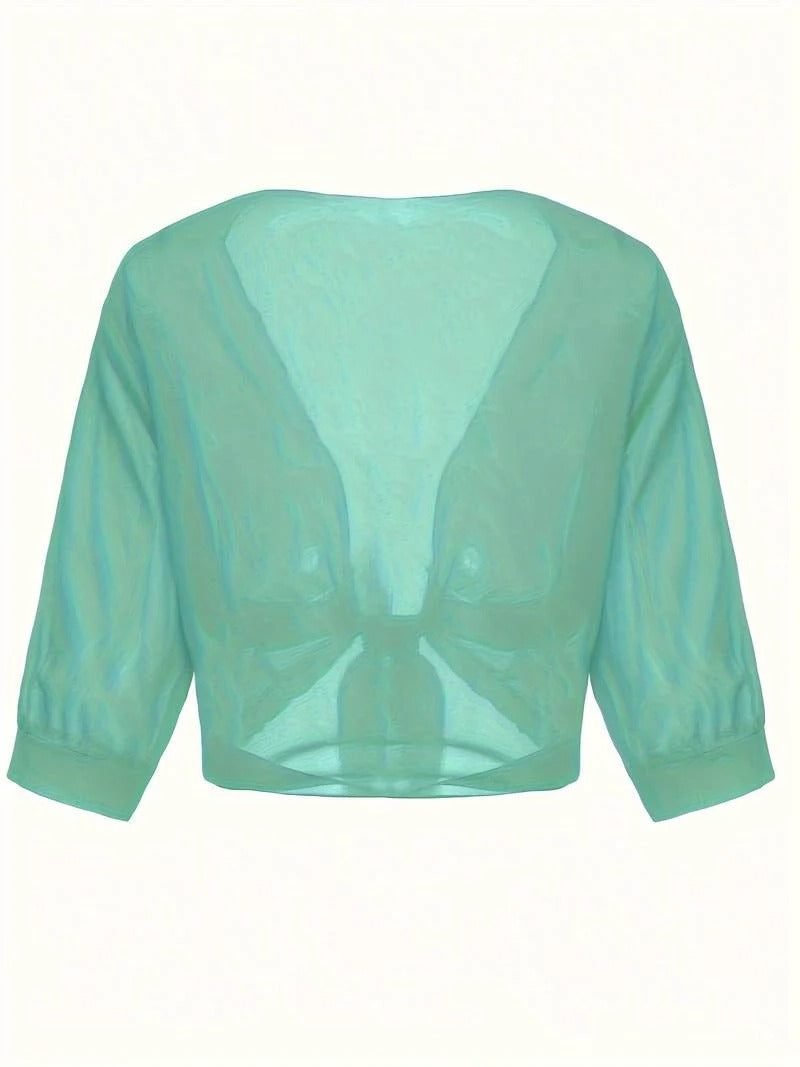 Transparent women's blouse with tie knot and 3/4 sleeves