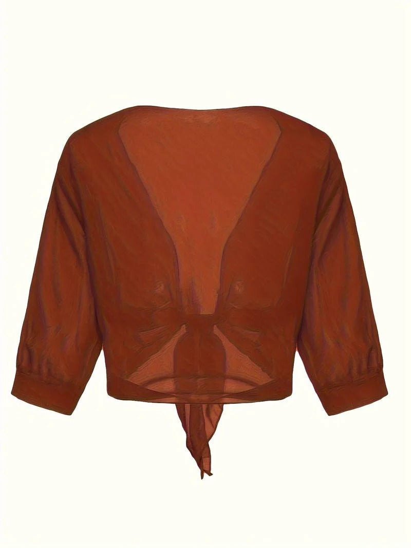 Transparent women's blouse with tie knot and 3/4 sleeves