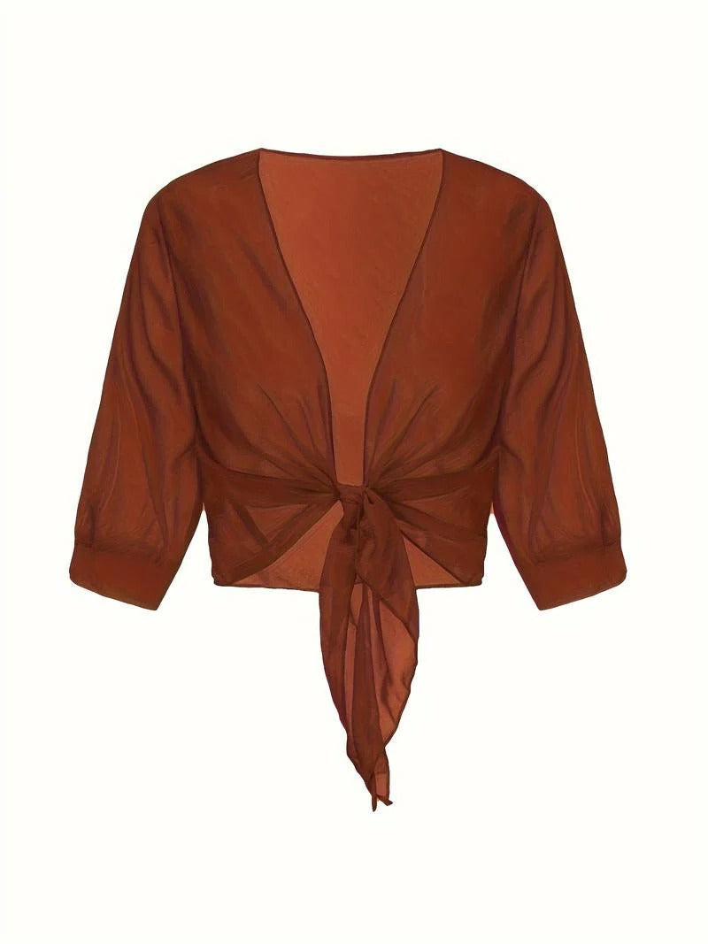 Transparent women's blouse with tie knot and 3/4 sleeves