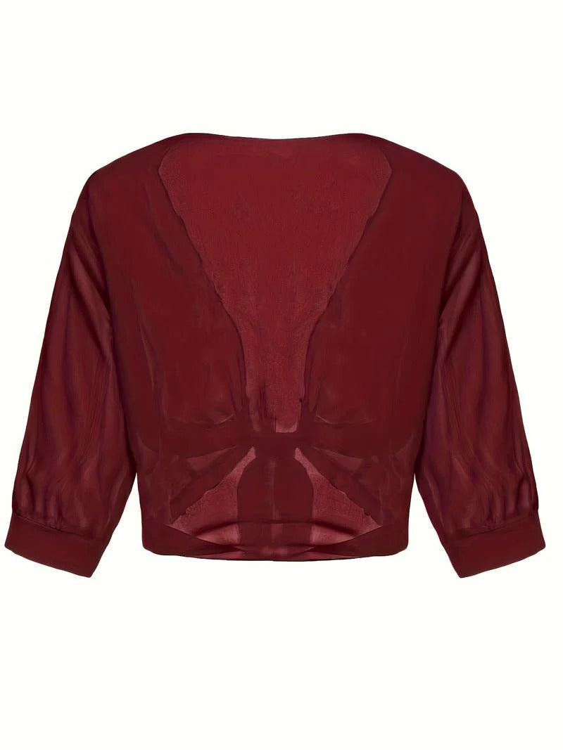 Transparent women's blouse with tie knot and 3/4 sleeves