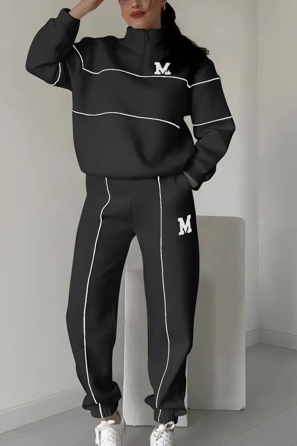 Damen Trainingsanzug Set mit Half-Zip Sweater und Kontraststreifen | Sportlicher Zweiteiler im Relaxed Fit für Alltag und Freizeit
