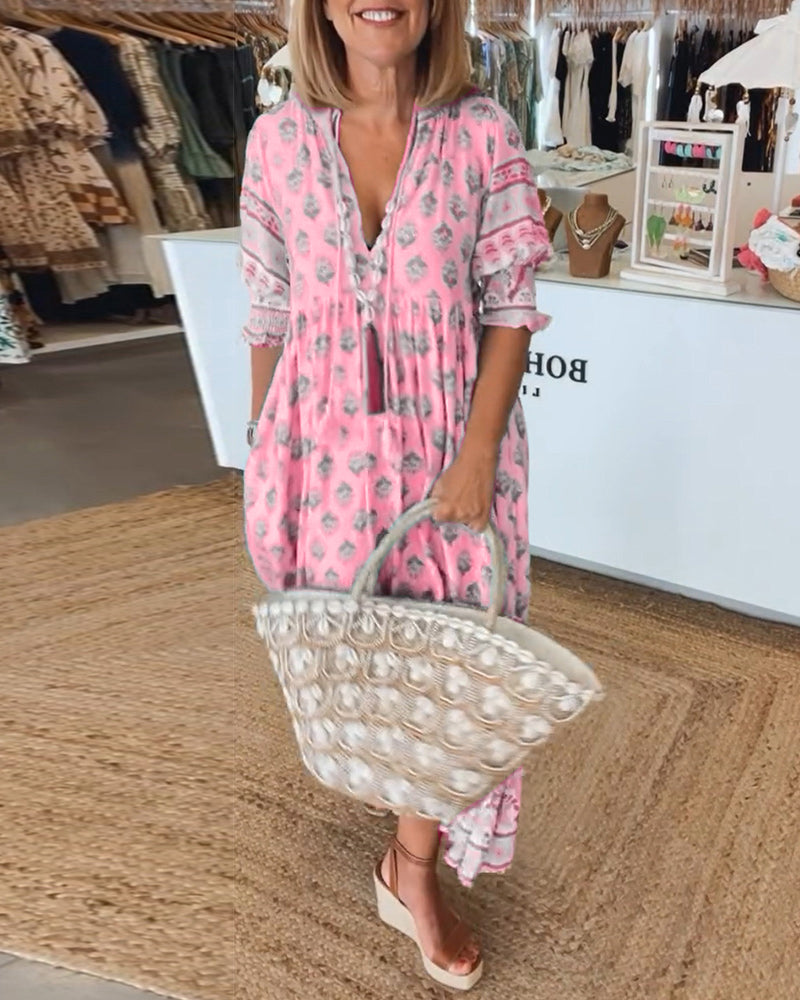Boho Midikleid für Damen mit V-Ausschnitt und Bindeband | Lockeres gestuftes Sommerkleid für Freizeit, Alltag und Strand