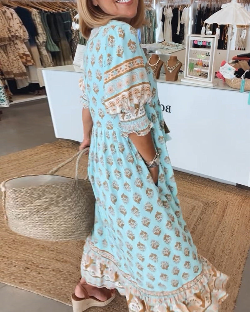 Boho Midikleid für Damen mit V-Ausschnitt und Bindeband | Lockeres gestuftes Sommerkleid für Freizeit, Alltag und Strand