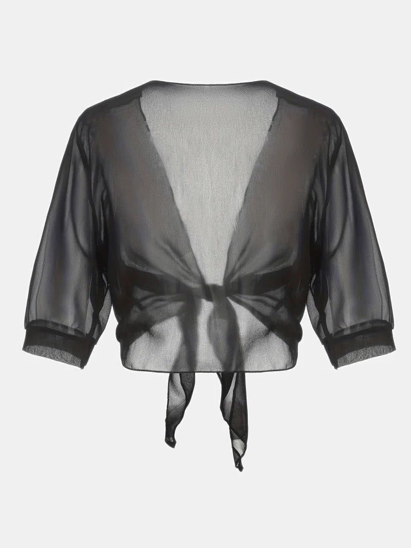 Transparent women's blouse with tie knot and 3/4 sleeves