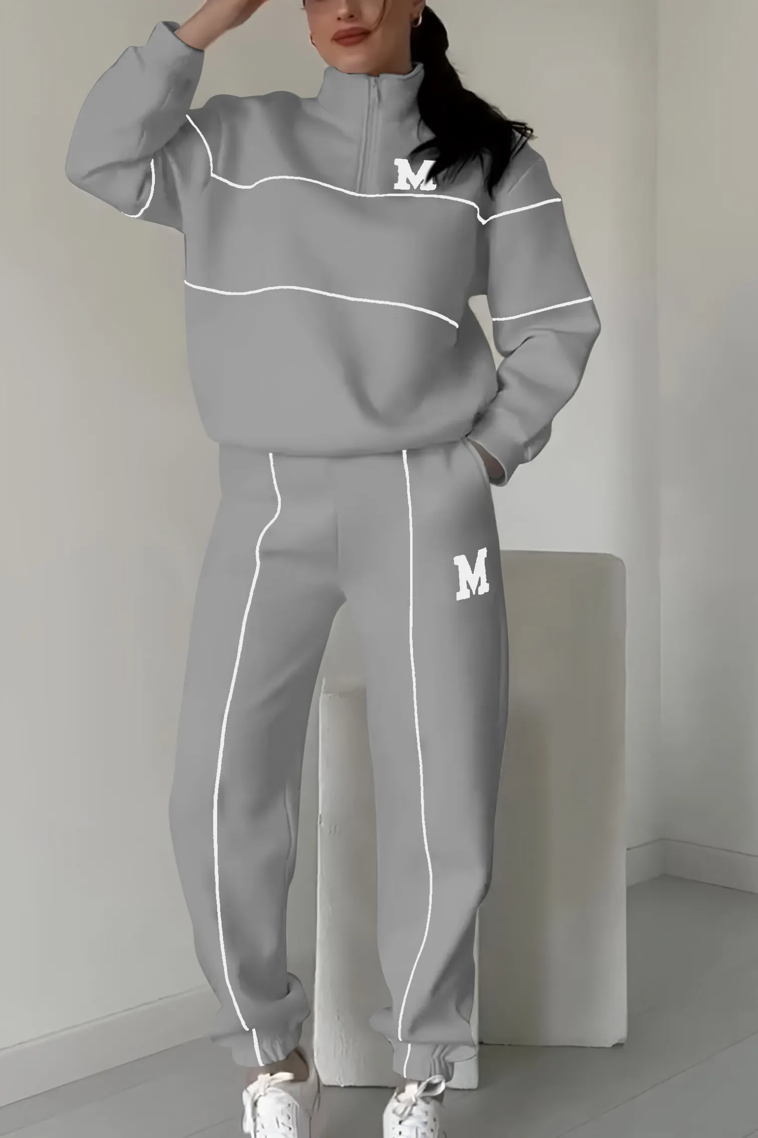 Damen Trainingsanzug Set mit Half-Zip Sweater und Kontraststreifen | Sportlicher Zweiteiler im Relaxed Fit für Alltag und Freizeit