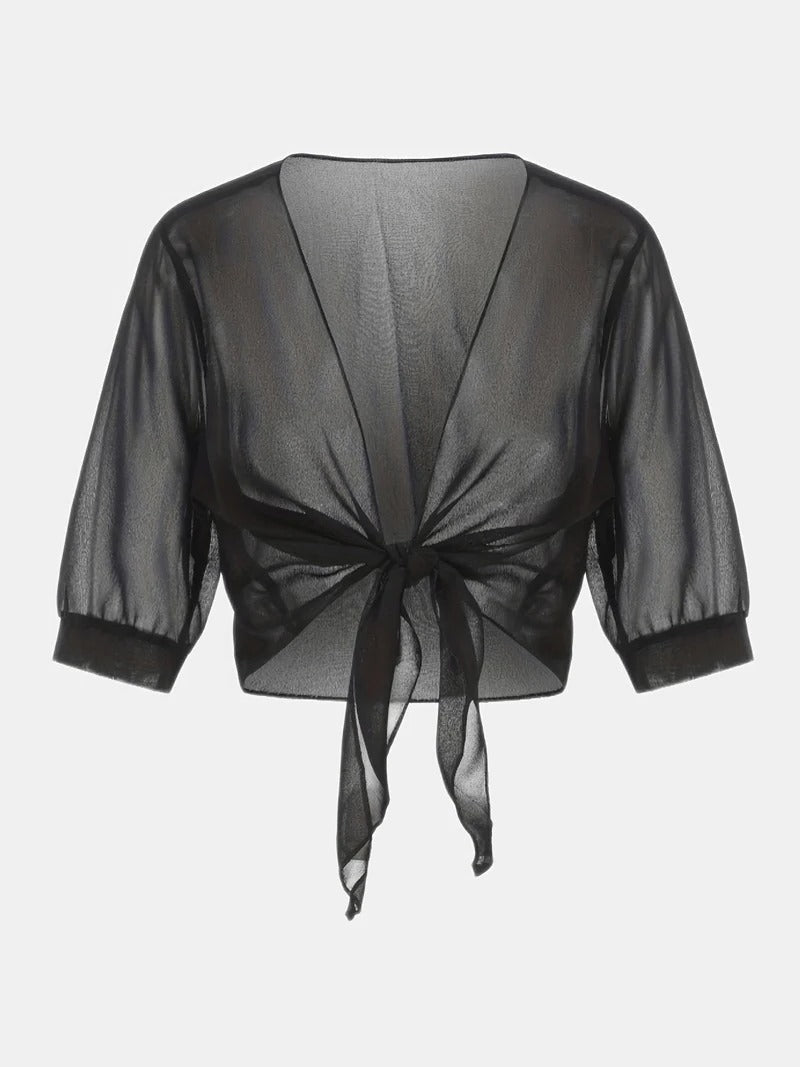 Transparent women's blouse with tie knot and 3/4 sleeves