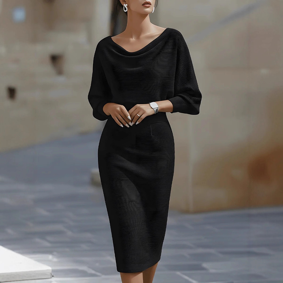 Weißes Midi-Kleid mit drapierten Fledermausärmeln