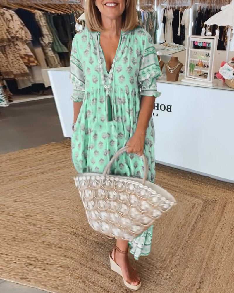 Boho Midikleid für Damen mit V-Ausschnitt und Bindeband | Lockeres gestuftes Sommerkleid für Freizeit, Alltag und Strand