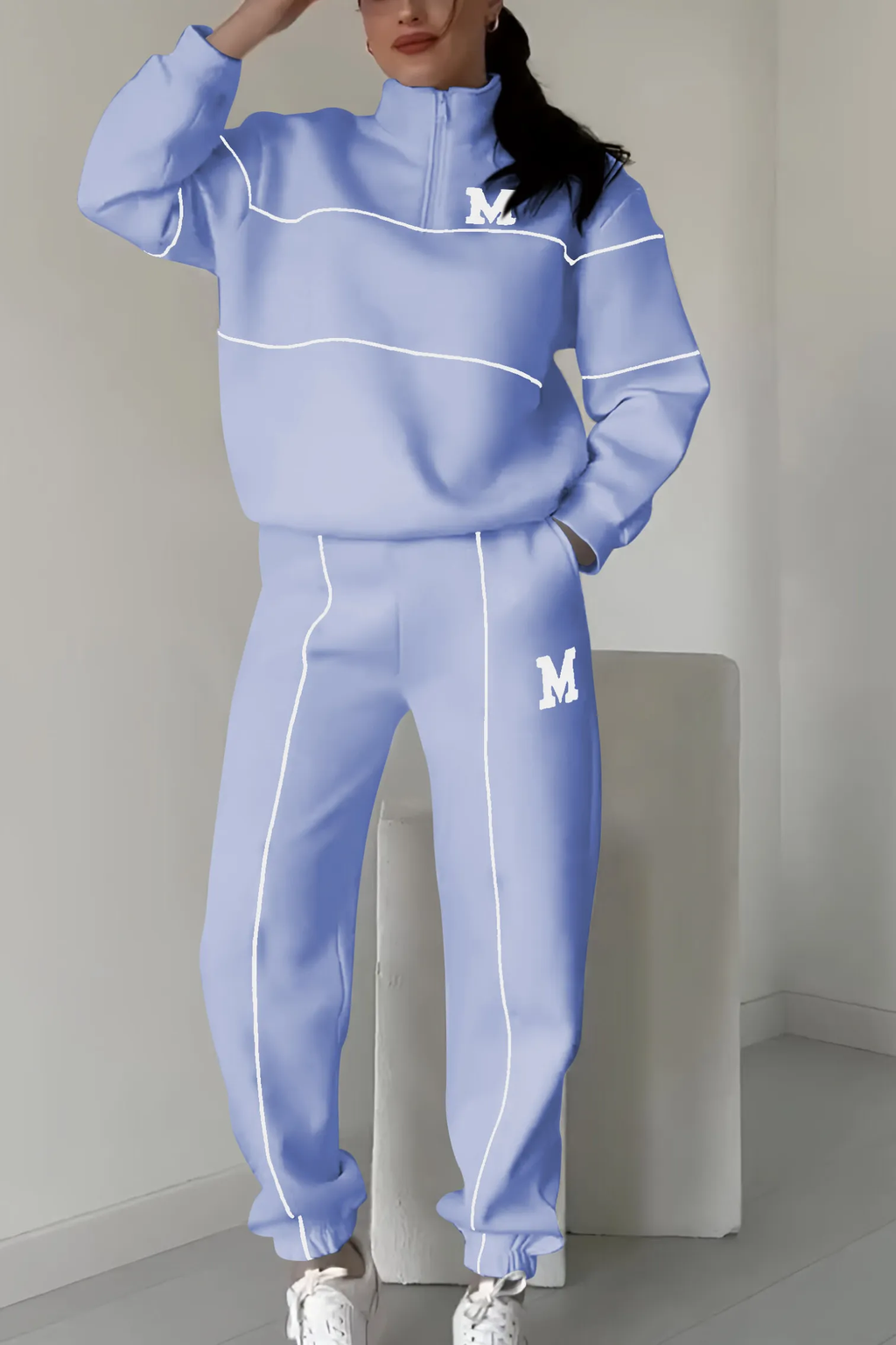 Damen Trainingsanzug Set mit Half-Zip Sweater und Kontraststreifen | Sportlicher Zweiteiler im Relaxed Fit für Alltag und Freizeit