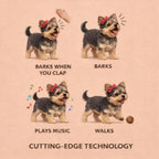 Diagram showing the four main movements of the robot Yorkshire Terrier puppy: barks when you clap, barking, plays music, and walking, powered by cutting-edge electronic toy technology.