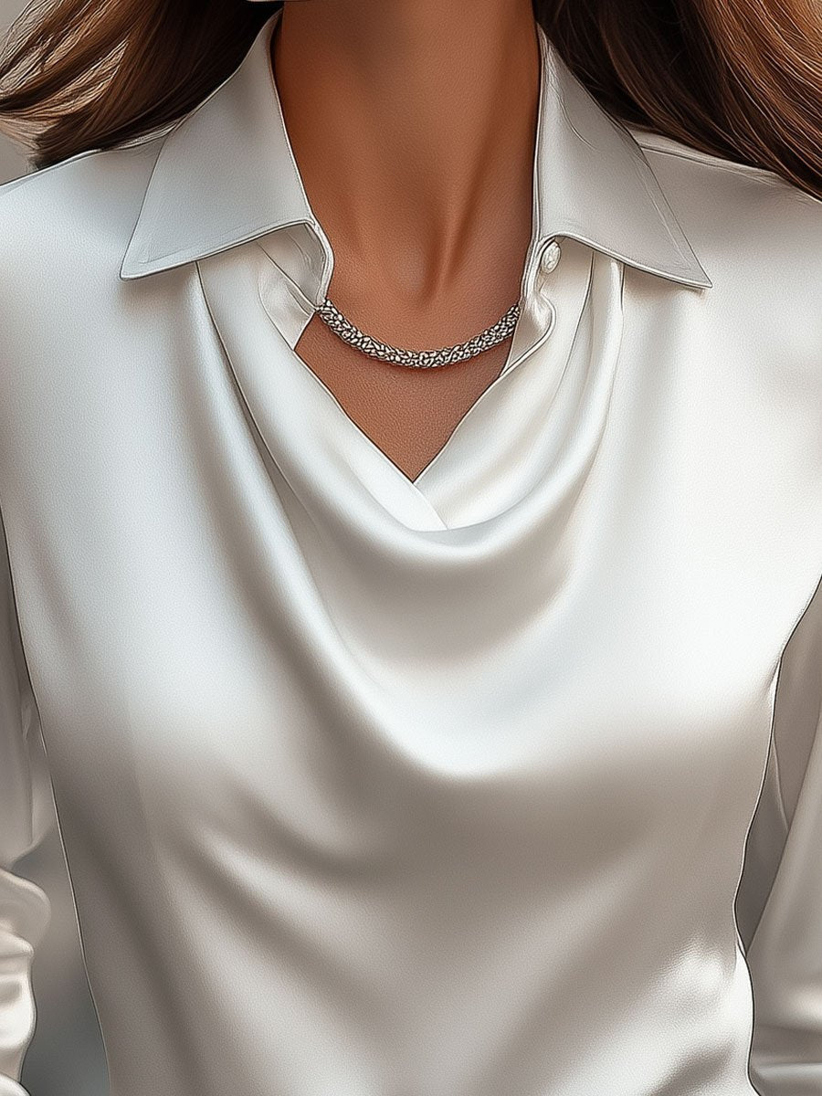 Women's Satin Blouse with Draped Neckline – Elegant Long-Sleeve Top