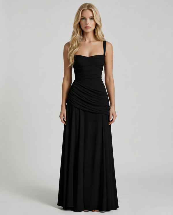 Maxi dress with ruching and thin straps | Festive evening dress with asymmetrical draping and flared skirt