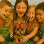 Group of happy children playing with a lifelike electronic pet dog on the grass, showing the toy is safe and fun for kids.