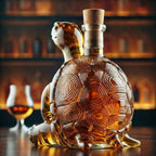 The back view of the Kouvr turtle whiskey decanter, highlighting the intricate, hand-blown detail of the turtle's shell.