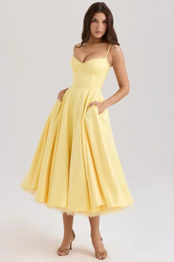 bustier bodice, tea-length, A-line skirt, vintage silhouette, garden party dress.