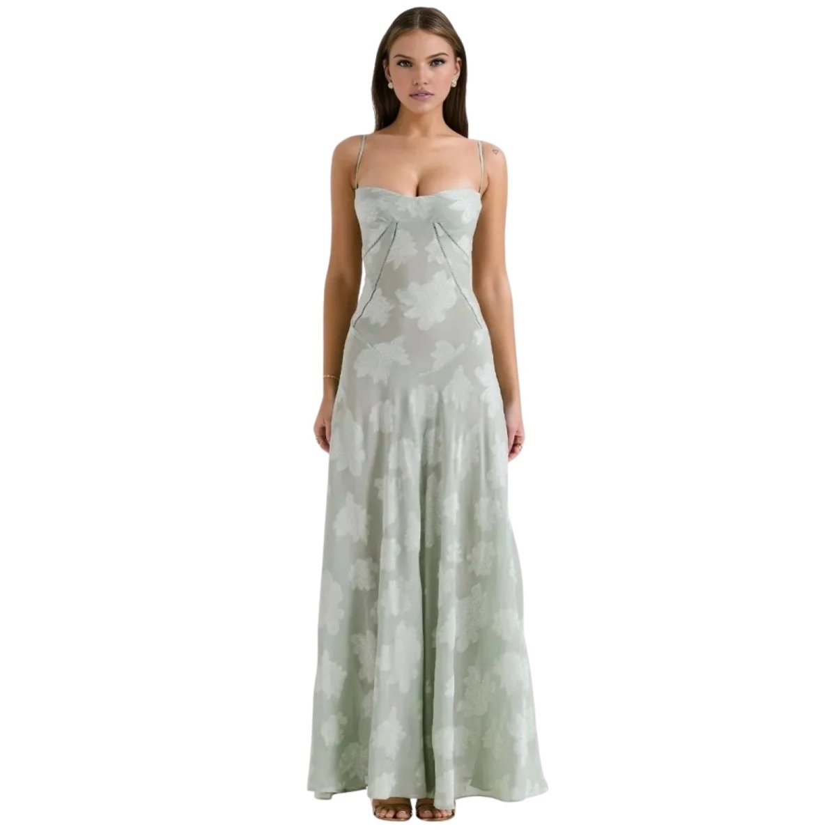 Woman wearing a strapless, floor-length Kouvr dress with a subtle pattern on a white background