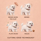 An infographic illustrating the features of the interactive robot kitten, including its ability to meow when you clap, meow, plays music, and walk.