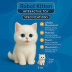 Product specifications for the Kouvr Robot Kitten Interactive Toy, showing its dimensions and features like walking, sitting, and meowing.

