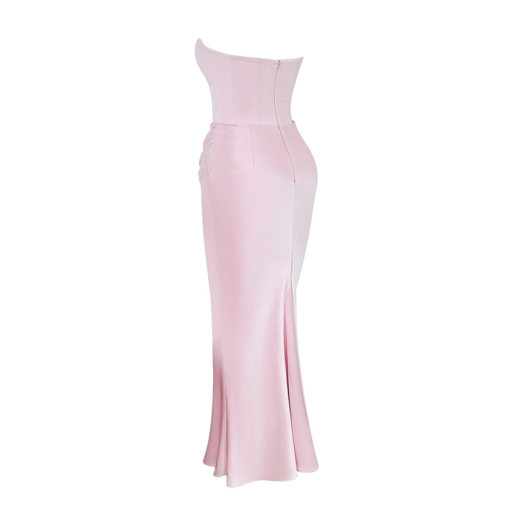 Pink Kouvr strapless gown on a white background