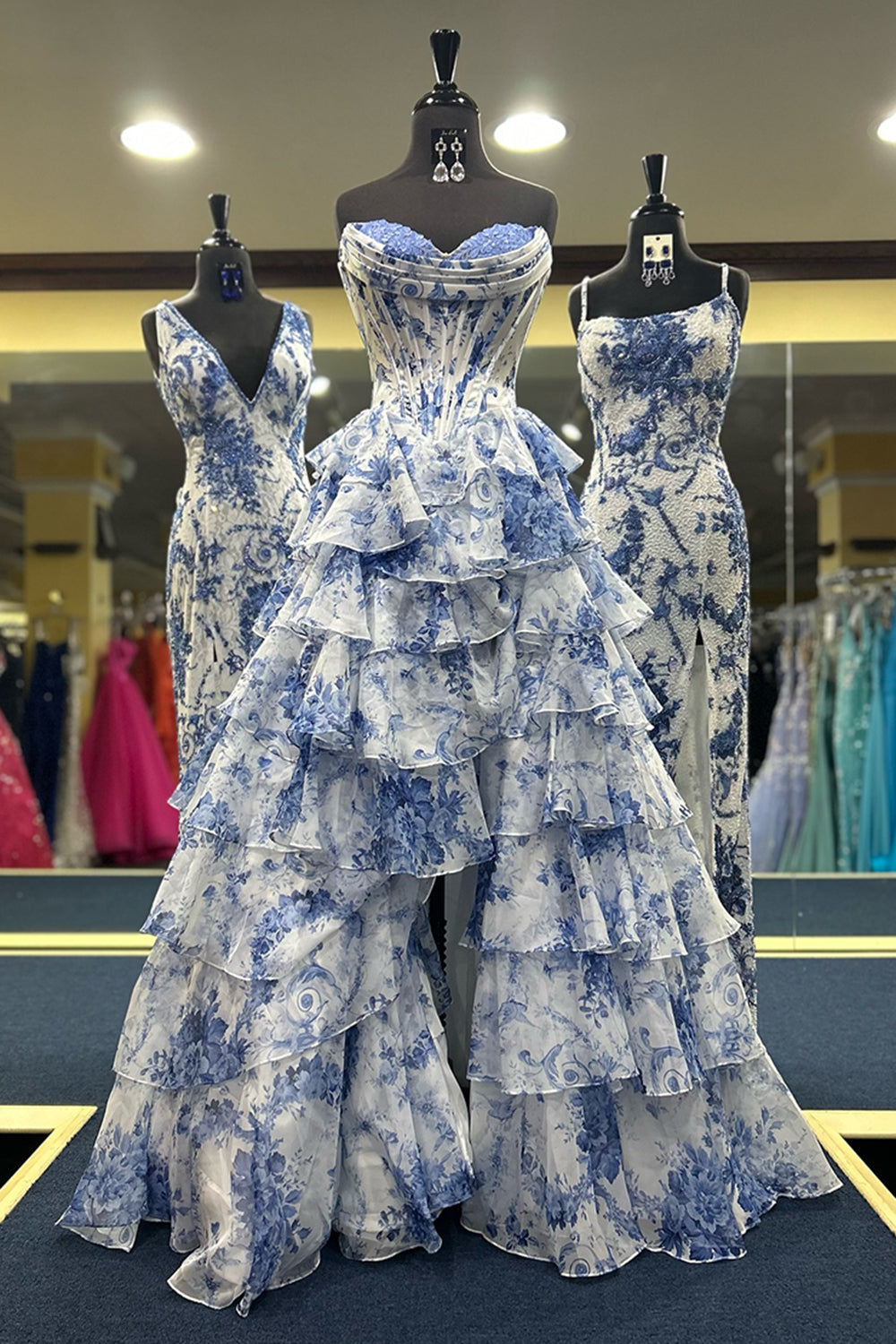 Maxi dress with floral pattern for wedding guests | Elegant corset dress with ruffles and tiered skirt for festive occasions