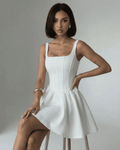 Alba Mini Dress by Lauven in pure white, showcasing structured corset design and square neckline.