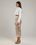 Aureline Midi Skirt by Lauven: Sequin high waist bodycon midi skirt showcased on model in profile view.