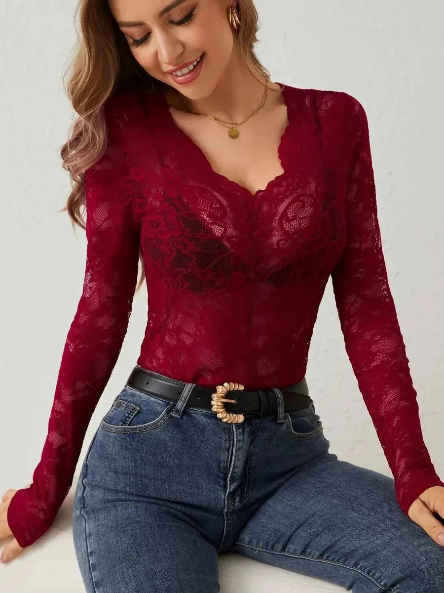 Transparent Lace Long Sleeve Top for Women with Heart Neckline