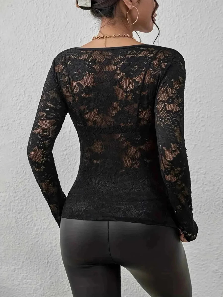 Transparent Lace Long Sleeve Top for Women with Heart Neckline