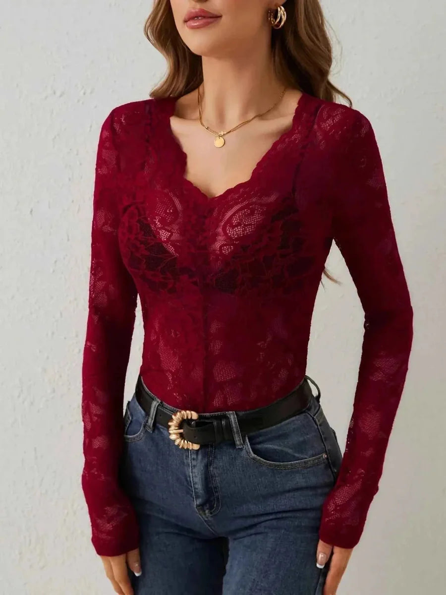 Transparent Lace Long Sleeve Top for Women with Heart Neckline