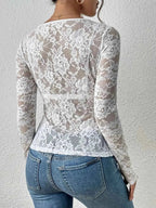 Transparent Lace Long Sleeve Top for Women with Heart Neckline