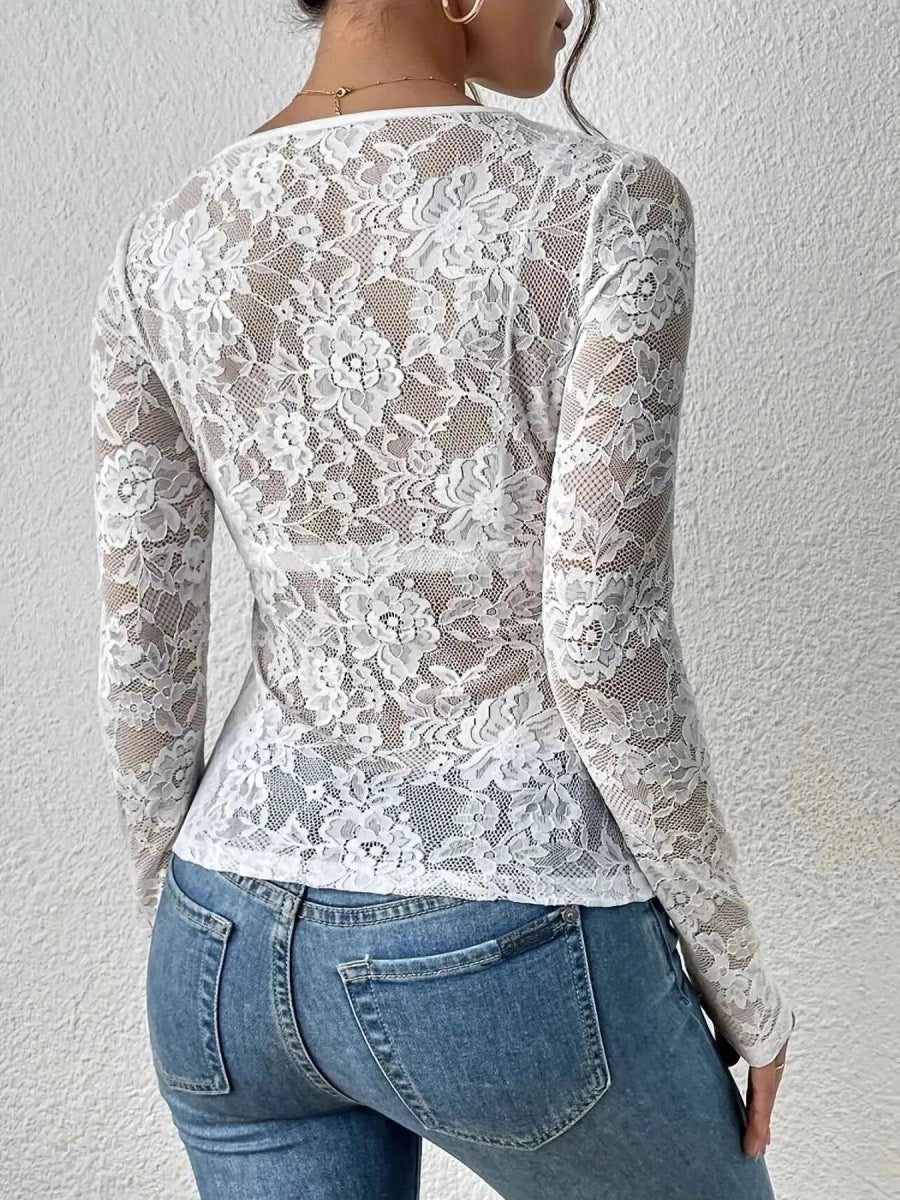 Transparent Lace Long Sleeve Top for Women with Heart Neckline