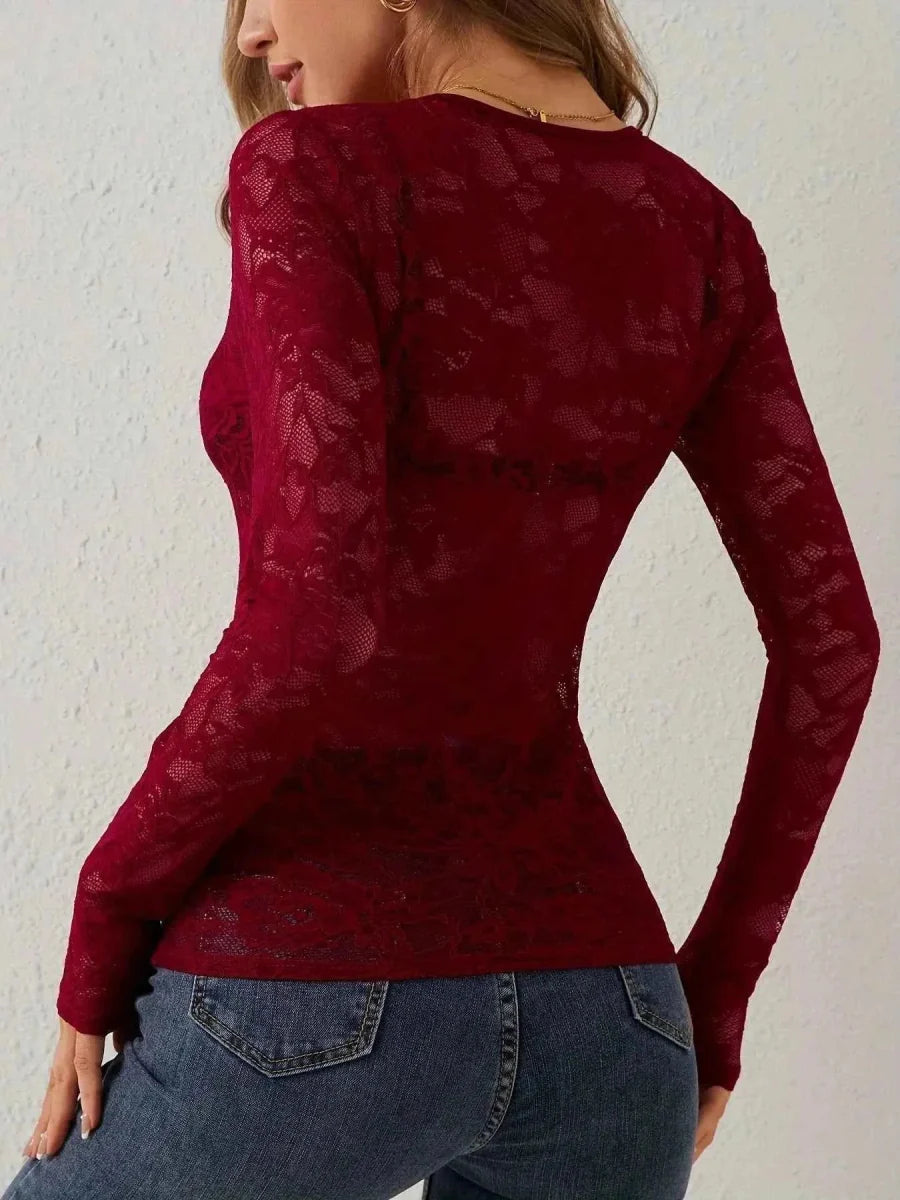Transparent Lace Long Sleeve Top for Women with Heart Neckline