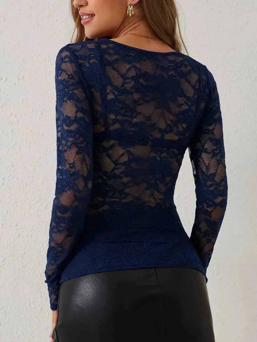 Transparent Lace Long Sleeve Top for Women with Heart Neckline