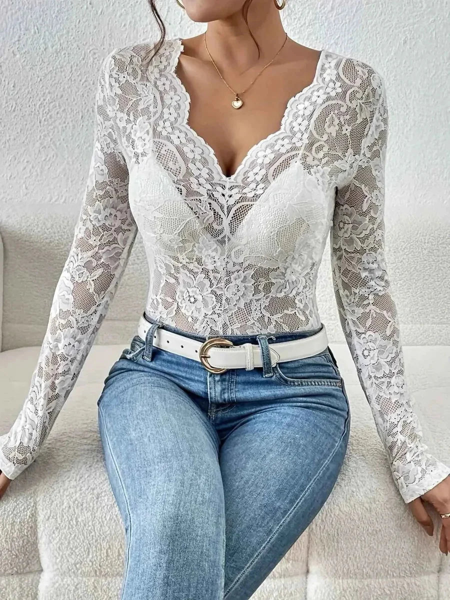 Transparent Lace Long Sleeve Top for Women with Heart Neckline