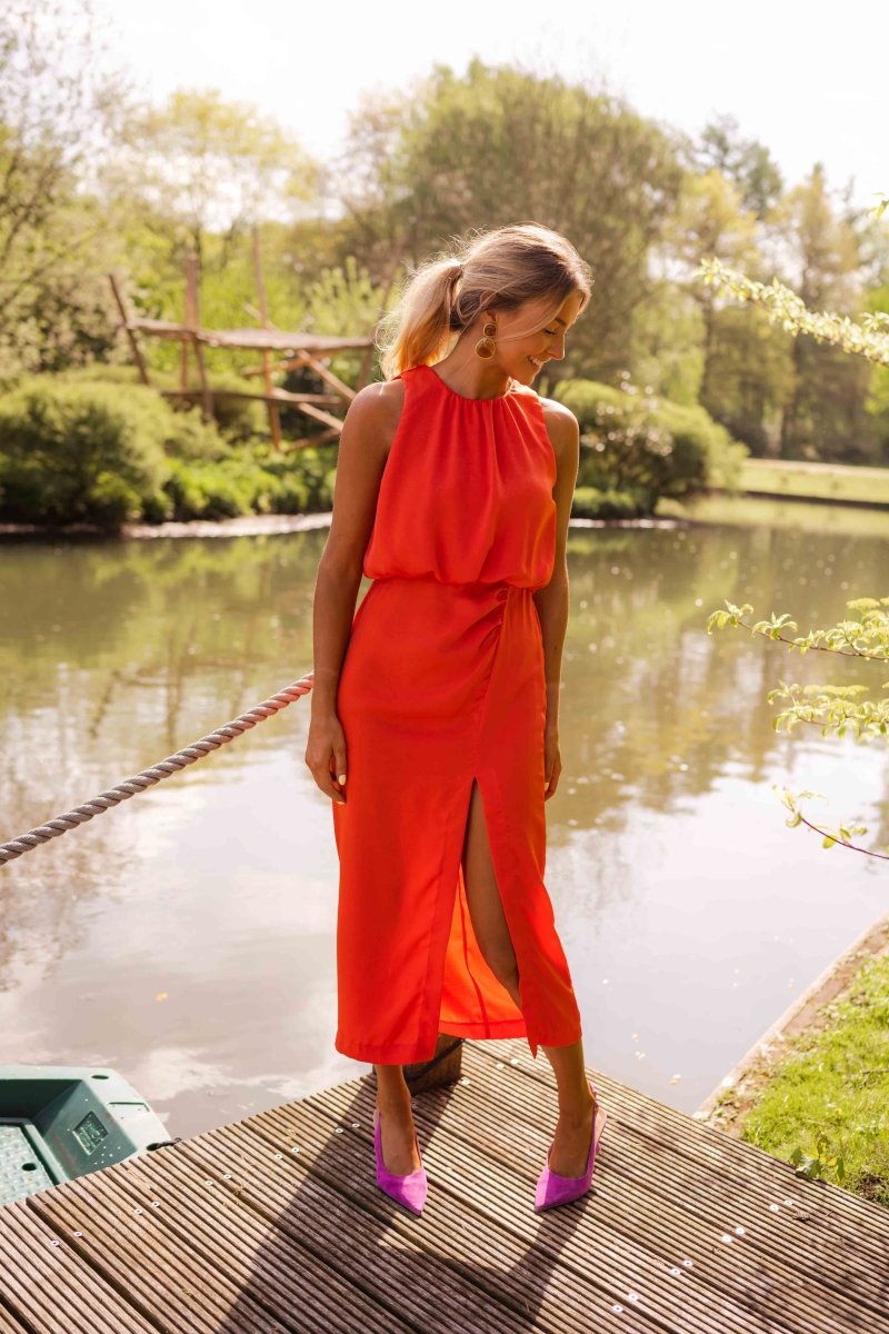 Sleeveless midi dress for women with high neckline | Calf-length summer dress in a flowing cut made of polyester