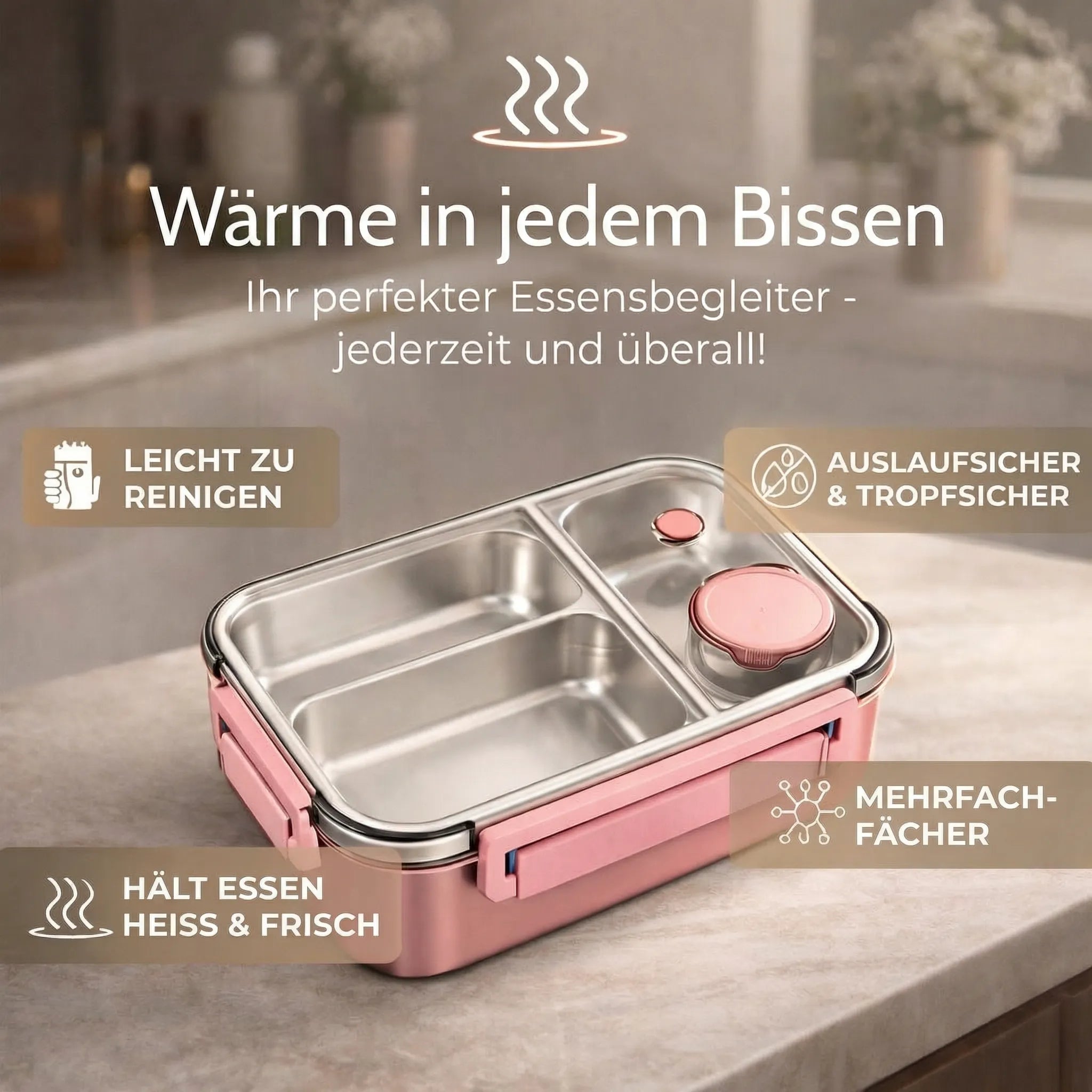 Thermische Lunchbox aus Edelstahl mit Fächern – auslaufsicherer Behälter für warme Speisen unterwegs
