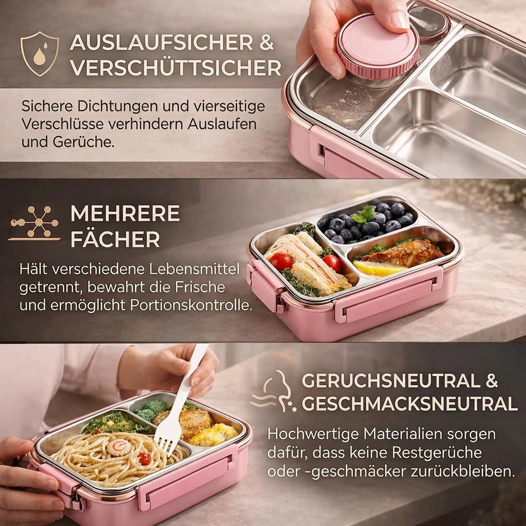 Thermische Lunchbox aus Edelstahl mit Fächern – auslaufsicherer Behälter für warme Speisen unterwegs
