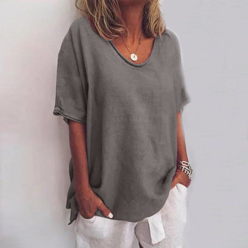 Damen T-Shirt locker geschnitten mit Rundhalsausschnitt | Kurzarm Bluse in weiter Passform | Bequemes Freizeit Oberteil