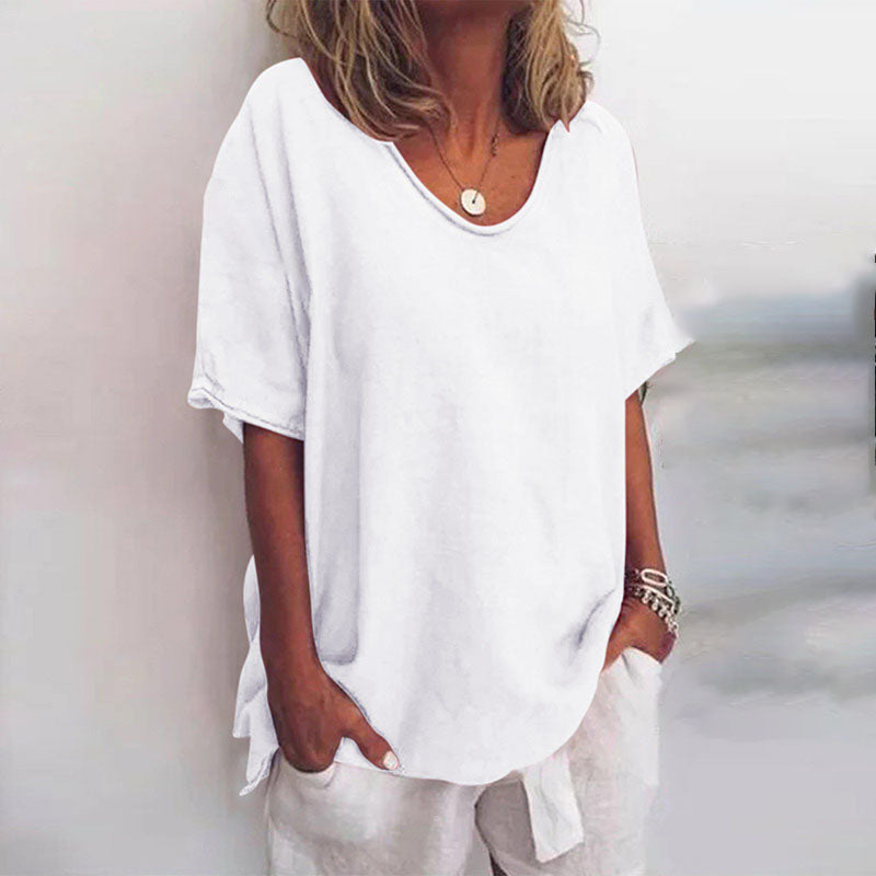 Damen T-Shirt locker geschnitten mit Rundhalsausschnitt | Kurzarm Bluse in weiter Passform | Bequemes Freizeit Oberteil
