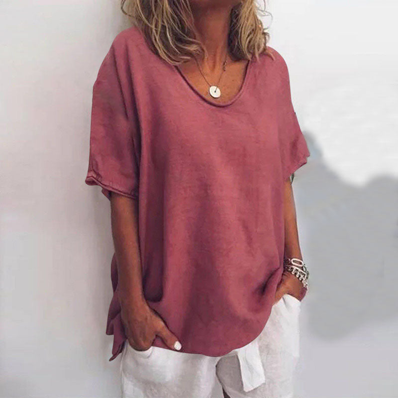 Damen T-Shirt locker geschnitten mit Rundhalsausschnitt | Kurzarm Bluse in weiter Passform | Bequemes Freizeit Oberteil