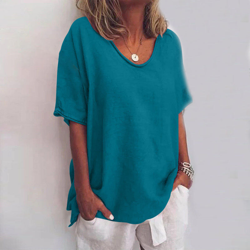Damen T-Shirt locker geschnitten mit Rundhalsausschnitt | Kurzarm Bluse in weiter Passform | Bequemes Freizeit Oberteil