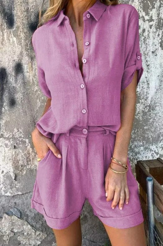 Damen Sommer-Set Zweiteiler | Luftige Bluse mit Knopfleiste und passende Shorts | Bequemes Freizeit-Outfit für warme Tage