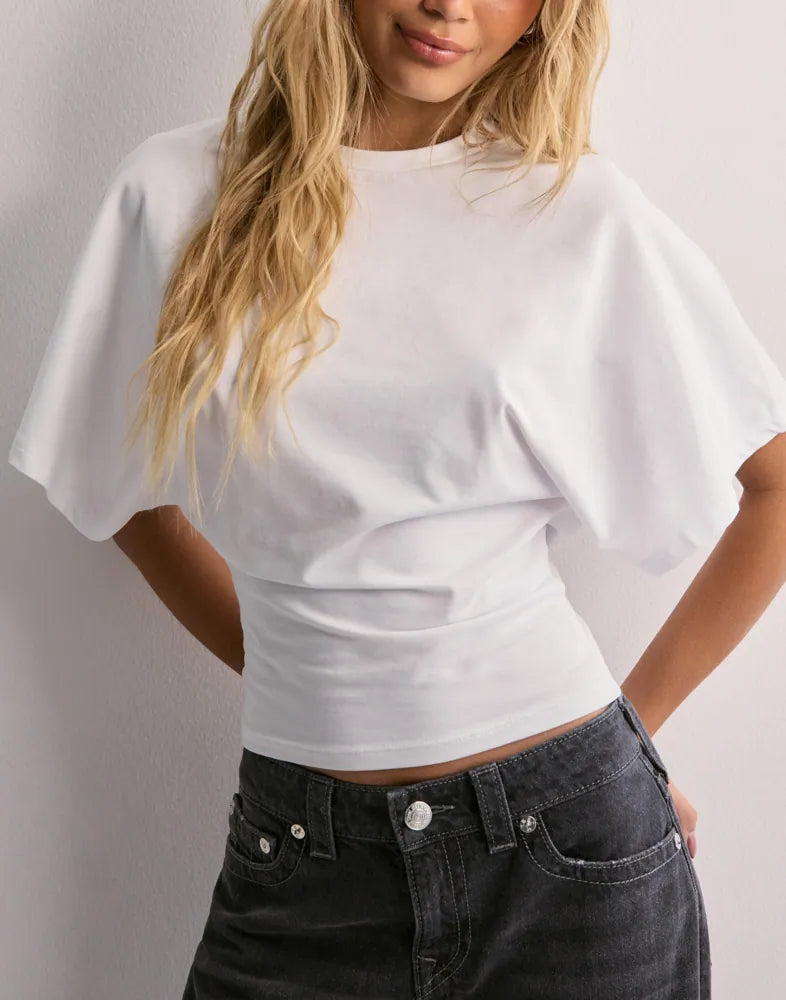 Damen T-Shirt mit Butterfly-Ärmeln | Tailliertes Kurzarmshirt aus Baumwollmix | Modisches Slim Fit Oberteil für jeden Tag